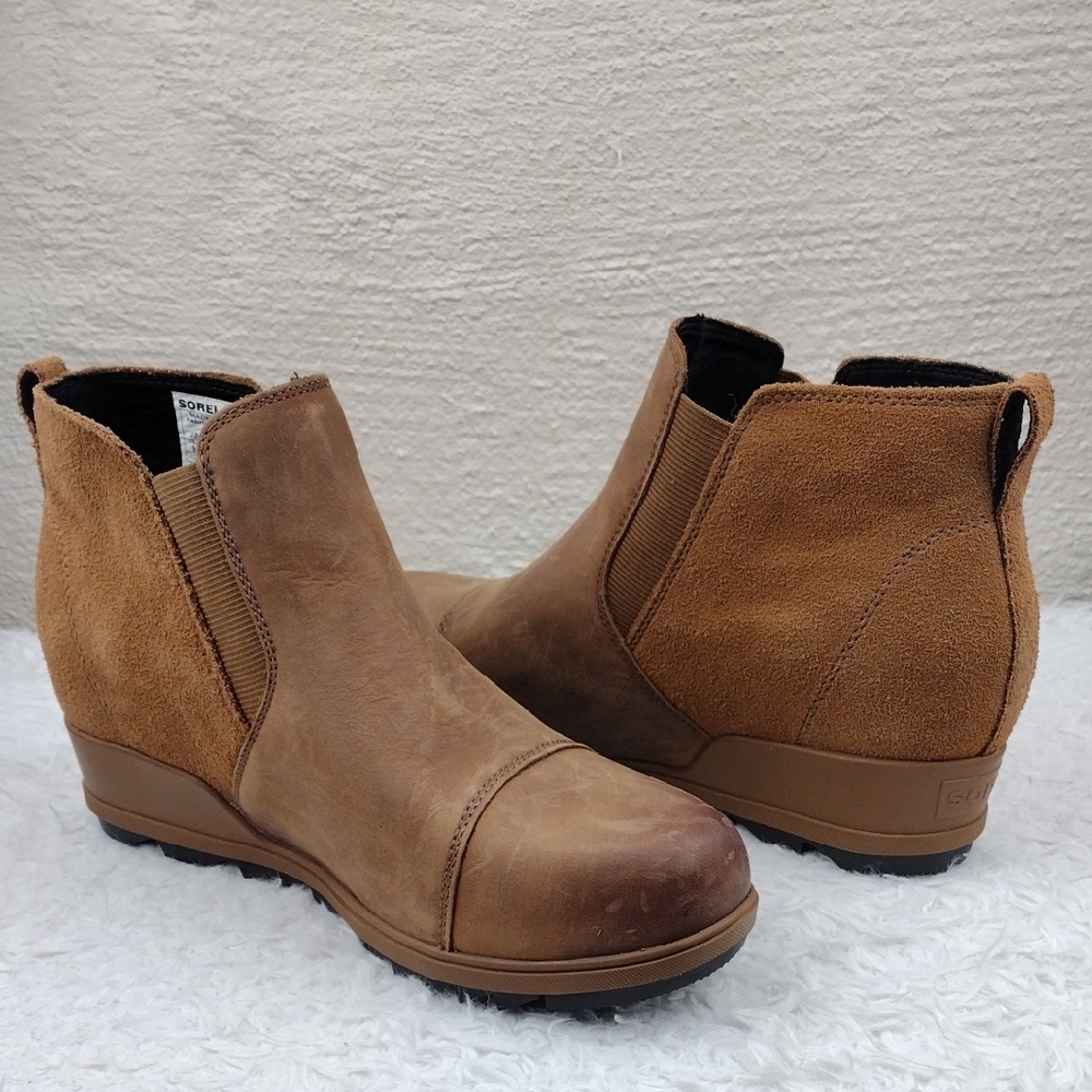 Sorel Evie II Brown Suede Leather Round Toe Wedge Heel Slip On Chelsea Boot Shoe